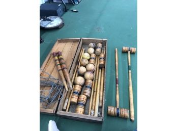 1890s-1920s Antique Vintage Wooden 6 Player Croquet Set In Primitive Wooden Box Complete