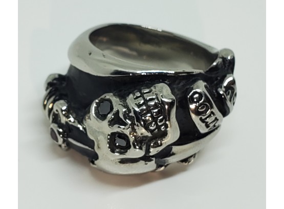 Rare Ed Hardy Red & Black Austrian Crystal Skull Ring In Stainless Steel