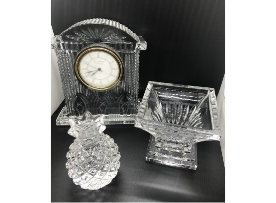 Waterford Ireland Crystal Mantle Clock With 2 Other Non Waterford Pieces