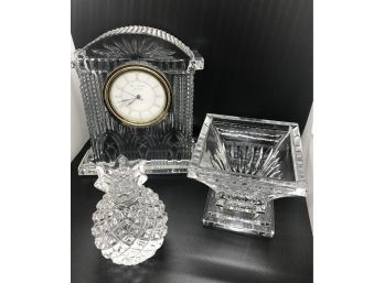 Waterford Ireland Crystal Mantle Clock With 2 Other Non Waterford Pieces