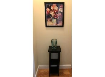 Cute Trio Pretty Tulip Plant/display Stand With Glass Vase And Wall Picture