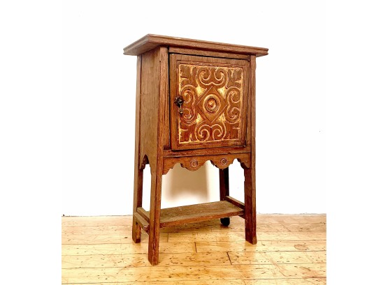 Hand Carved Wood Side Table With Copper Box