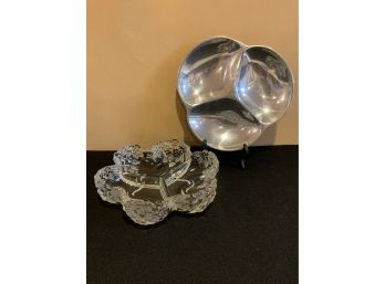 Nambe 3-Section Metal Serving Bowl Along With Crystal Divided Dish