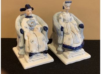 Pair Ceramics Depicting Seated Oriental Man & Woman
