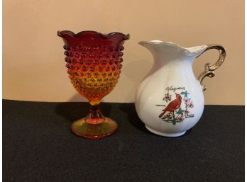 Vintage Carnival Glass Goblet & A White Porcelain Tourist  Pitcher From Virginia