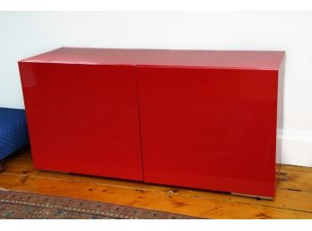 Contemporary Fuel Red Lacquered Credenza/Storage/TV Table W/Brass Feet (Retail $499)