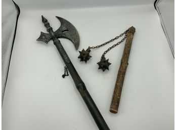 Battle Axe With Wood Handle & Double Mace Spiked Balls