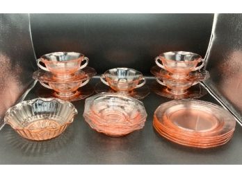 5 Art Deco Pink Glass Dessert Cups W/Under Plates & More