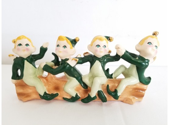Antique Four Playful Dixies On A Log Ceramic Figurine