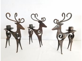 Three Rustic Iron Reindeer Candle Stick Holders