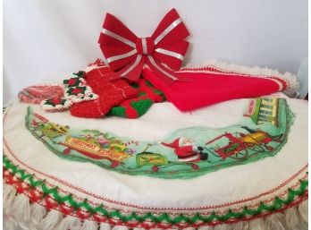 Vintage Christmas Decor, Hand Knit Stockings, Large Ribbon & Tree Skirts