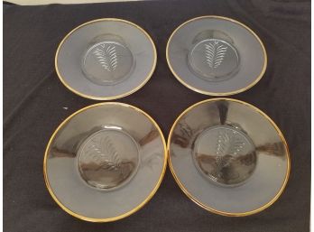 Set Of Four Holiday Glass Plates W/ Gold Rim & Embossed Christmas Tree