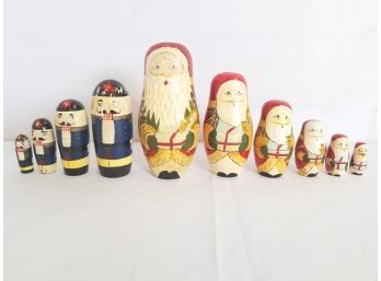 Vintage Wooden Matryoshka Nesting Santa Claus & Nutcracker Dolls