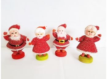 Four Vintage Santa & Mrs. Claus Sequin Beaded Christmas Figurines