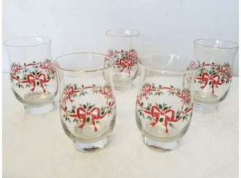 Five Vintage 70's Christmas Holly Ribbon And Bows Glasses