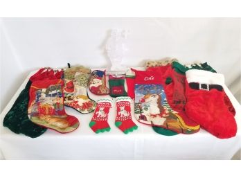 Thirteen Christmas Stockings & Heritage Mint 'Ice Sculpture' Santa Stocking Holder