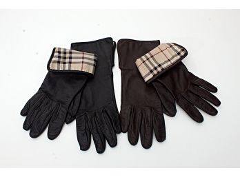 Ladies Burberry Brown & Black Leather Gloves, Size 7
