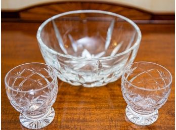 Two Cut Crystal Glasses And Cut Crystal Bowl