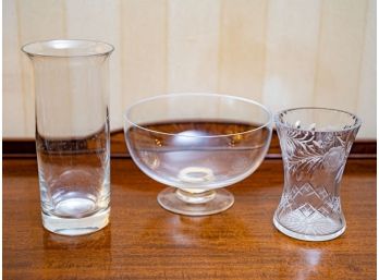 Two Crystal Vases And Crystal Bowl