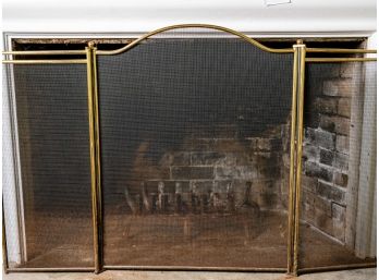 Brass Trimmed Fireplace Screen And Wrought Iron Log Holder
