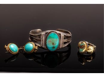 Sterling And Turquoise Bracelet Ring & Earrings