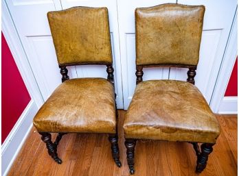 Two Vintage Wooden & Leather Chairs With Brass Nail Trim