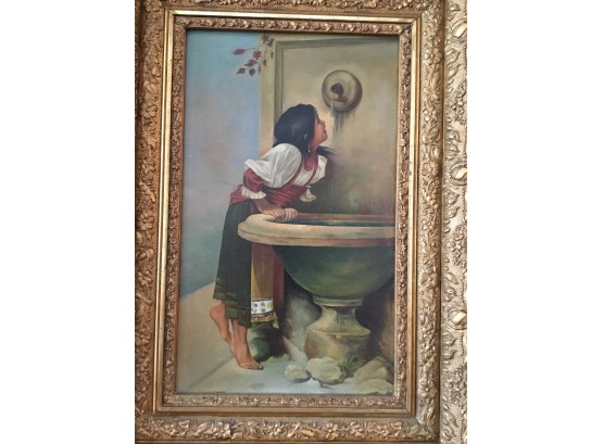 19th Century Portrait Oil Painting  After Léon Bonnat 'Roman Girl At A Fountain'