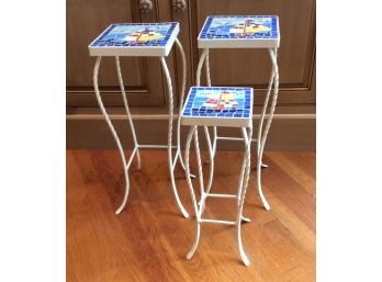Set Of 3 Mosaic Top Metal Nesting Plant Stand
