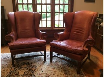 Pair Leather Arm Chairs With Nail Head Trim