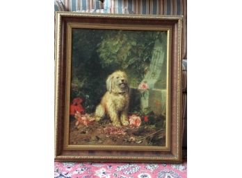 Vintage  Dog In Garden Oil On Canvas Signed Lambert