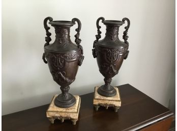 Pair Of Antique Neoclassical Style Urns With Handle On Marble Base