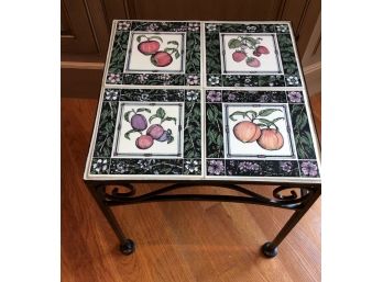 Ceramic Fruit And Floral Tile Top Table With Metal Base And Scroll Detail