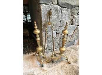 Vintage Andirons And Fireplace Tongs
