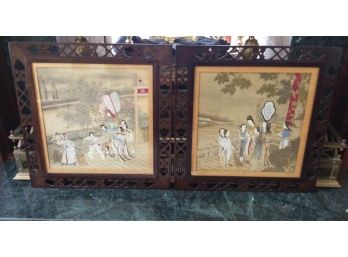 Pair Japanese Watercolor  On Paper Nicely Carved Frame