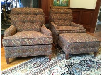 Pair Upholstered Club Chairs And One Ottoman