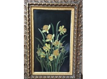Framed Still Life Of Daffodils Oil On Wood Board
