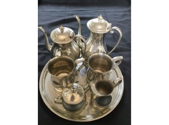 Williamsburg Steiff Pewter Reproduction 6 Pieces Coffee & Tea Set With Kirk Steiff Pewter Tray