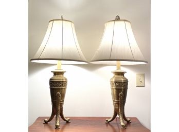 Pair • Brass Tone Lamps With Lovely White Shades