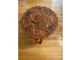Hand Carved & Painted Round Table With Collapsible Cross Member Base