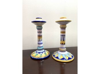 Vintage • Fima Daruta Hand Painted Italian Pottery • Complimentary Candlestick Pair