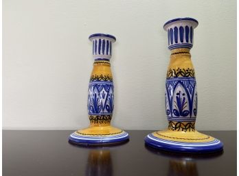 Vintage •De La Cal Barreira Puente • Spain • HandPainted Pottery Candlestick Pair