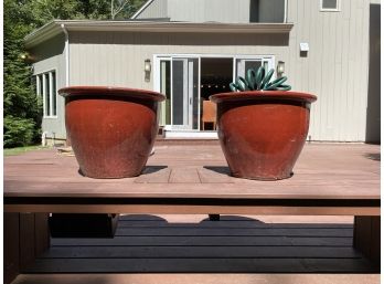 Pair • Red Glazed Ceramic Planters With Coil Garden Hose