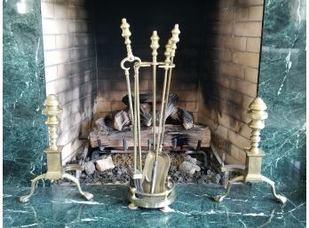 A Set Of Vintage Brass Fireplace Tools And Andirons