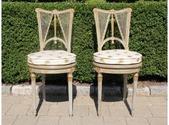 Pair Painted Louis XVI Side Chairs With Gold Leaf Trim