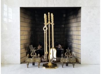 A Pair Of Early 19th Century French Chenets And Brass Fireplace Tools