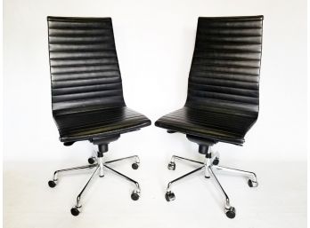 Pair Aluminum Group Chairs In Black Leather By Charles And Ray Eames