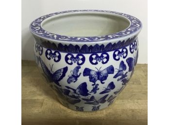 Vintage Blue And White Round Planter, Butterfly Design,  Porcelain