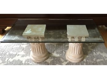 Tuscan Style Two Pedestal With Glass Top Cocktail Table/Roman Look