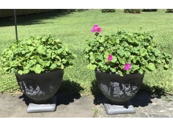2 Gray Planters With Flowers