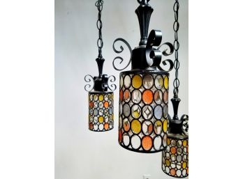 Amazing 60s Iron And Colored Glass 3 Light Swag Light